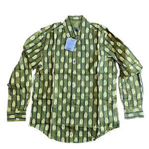 Woodin Mens Large African Pattern Long Sleeve Button Down Green Dress Shirt New
